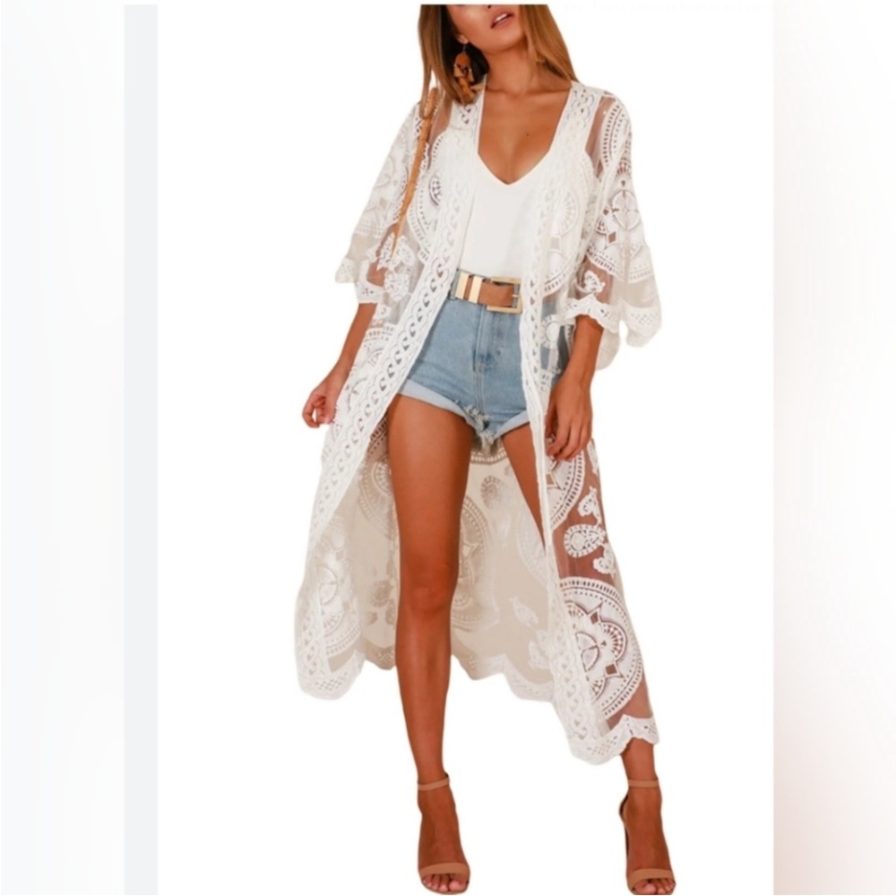 White Lace Kimono‎ Cardigan Duster Beach Cover Up Boho Maxi Sheer